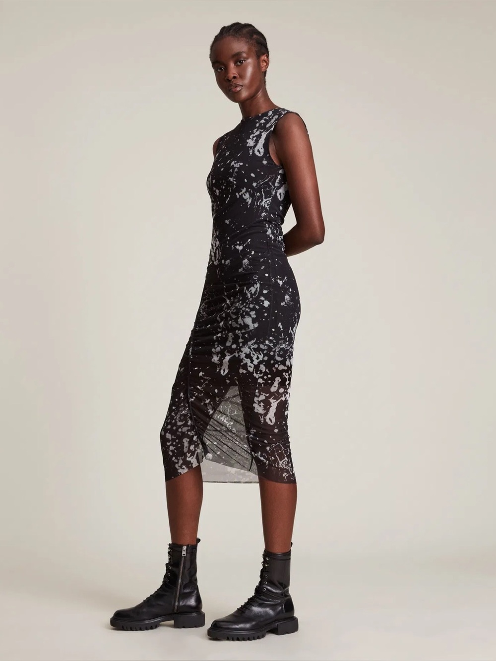 All Saints Black Ruched Midi Dress